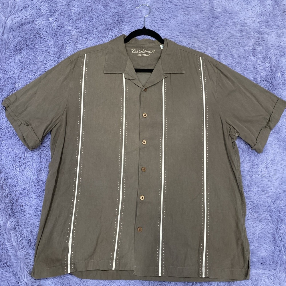 Caribbean Silk Blend Shirt Mens XL Brown/White Button Up Shirt